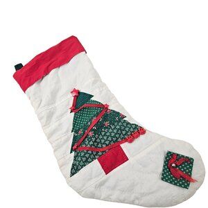 American Pacific Stocking Quilted White Green Tree Red Trim Train Star Vintage